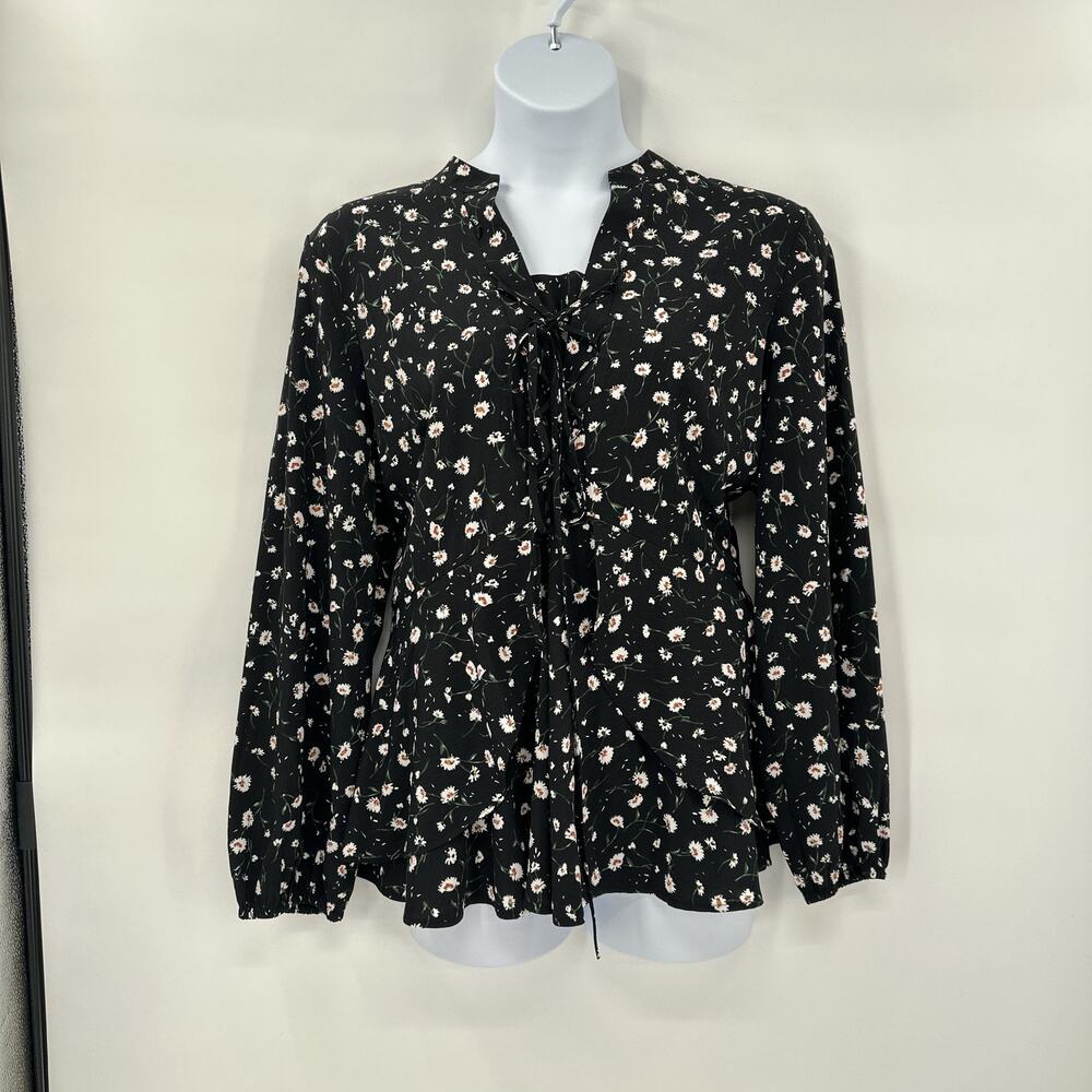 Lane‎ Bryant Blouse Womens 20 Black Floral Long Sleeve Peplum Top Lace Up Boho